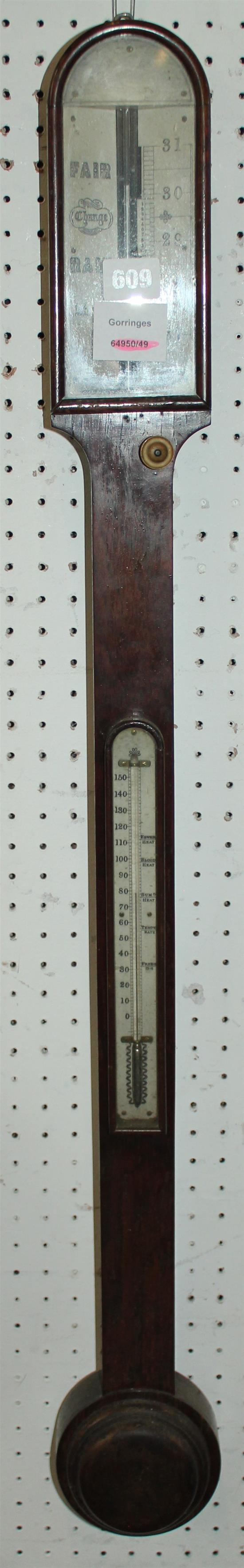 Victorian rosewood stick barometer and thermometer with ivory scales